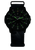 Herrenuhr im Dunkelmodus: schwarzes Zifferblatt mit grünen Leuchtmarkierungen, Textilarmband