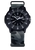 Herrenuhr von vorn: schwarzes Zifferblatt, graues Textilarmband, Leuchtindizes und Datum
