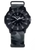 Herrenuhr, dunkles Zifferblatt, Textilarmband, runde Krone und Leuchtindizes