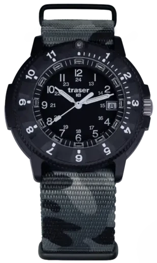 Herrenuhr: schwarzes Zifferblatt, graues Textilarmband, runde Lünette, Leuchtindizes