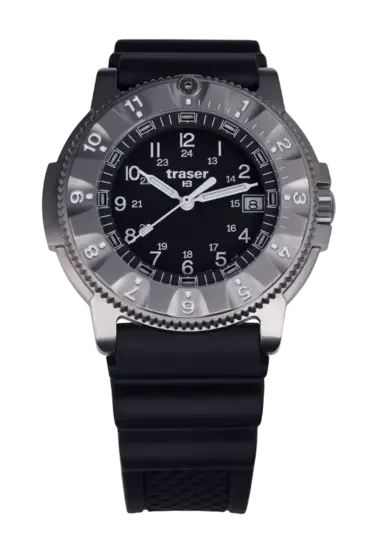 Herrenuhr mit grauem Zifferblatt, schwarzen Zeigern und schwarzem Kautschukarmband