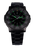 Herrenarmbanduhr mit schwarzem Gehäuse, geriffelter Lünette und grün leuchtenden Indizes