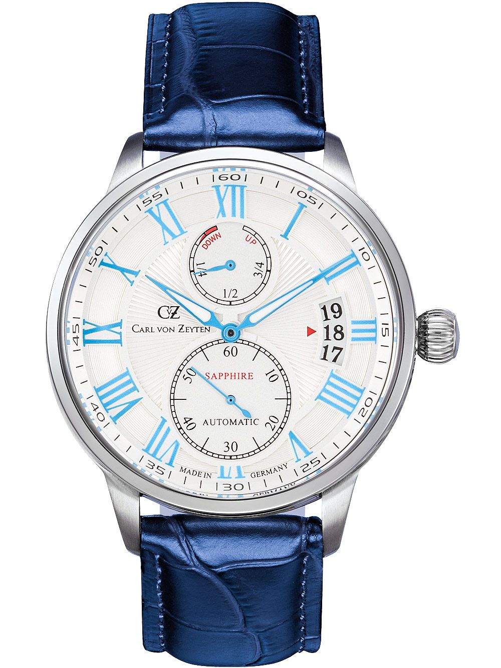 Carl von Zeyten Münstertal CVZ0082WHS Herrenuhr Silber-Blau • Automatikwerk mit Gangreserveanzeige • Saphirglas
