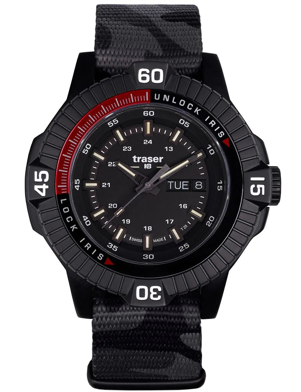 Herrenarmbanduhr mit schwarzem Textilband, schwarzem Zifferblatt und rotem Minutenring