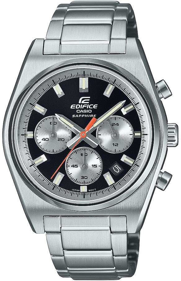 Edifice Herrenuhr mit Metallarmband, schwarzem Zifferblatt und drei Chronographen-Augen