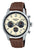 Herren-Chronographuhr: silbernes Gehäuse, braunes Lederarmband, analoges Zifferblatt.