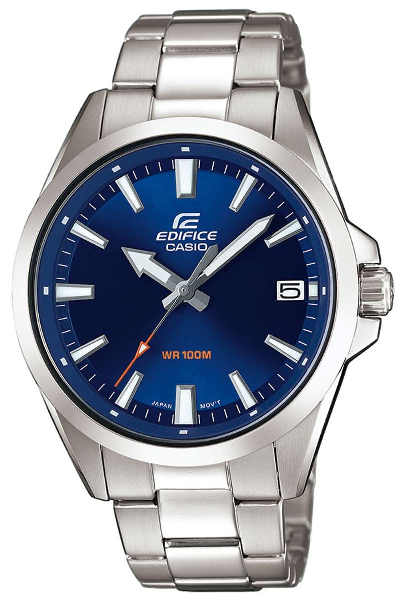 Casio Edifice Herrenuhr mit blauem Zifferblatt, silbernem Edelstahlarmband, rundem Gehäuse