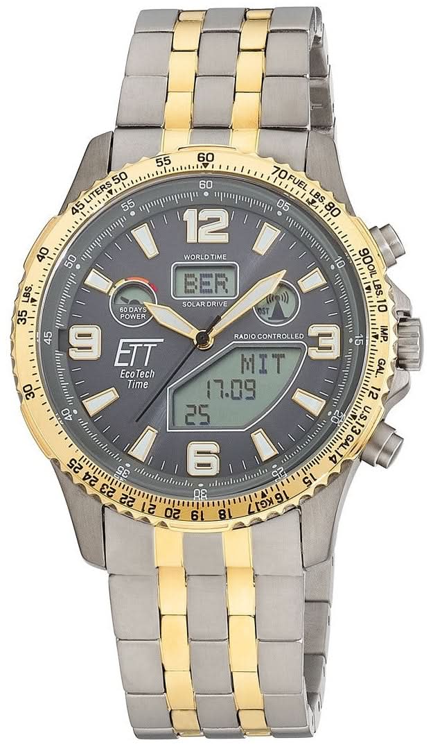 Zweifarbige Herrenuhr: Titanarmband, dunkelgraues Zifferblatt, gelbe Details