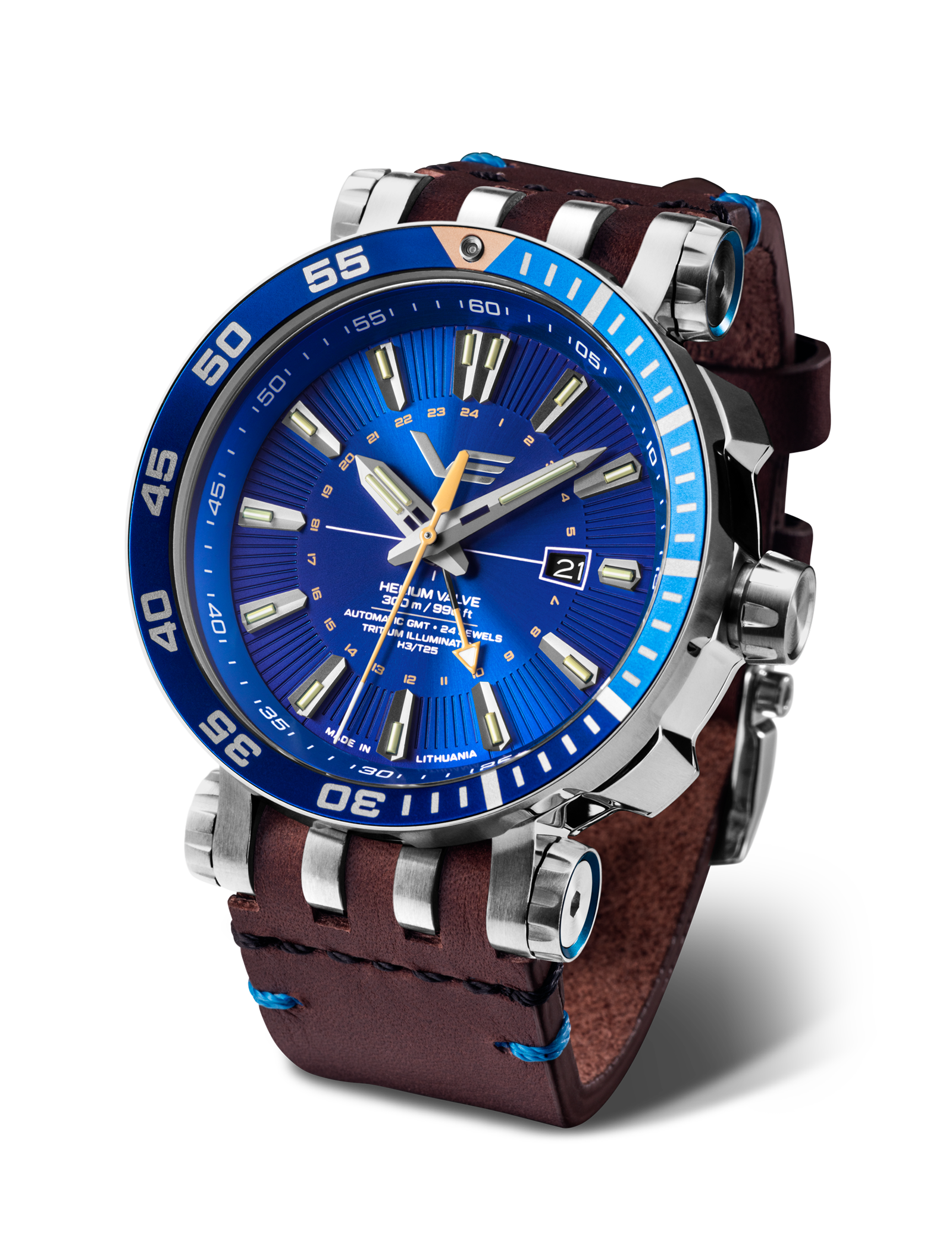 Vostok Europe herrklocka med blå urtavla, GMT och brunt läderarmband