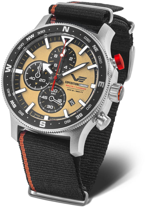 Herrenuhr, limitierte Edition, Sahara-Expedition Chronograph, sandfarbenes Zifferblatt - Vostok Europe "Modell": 6S10-598A753