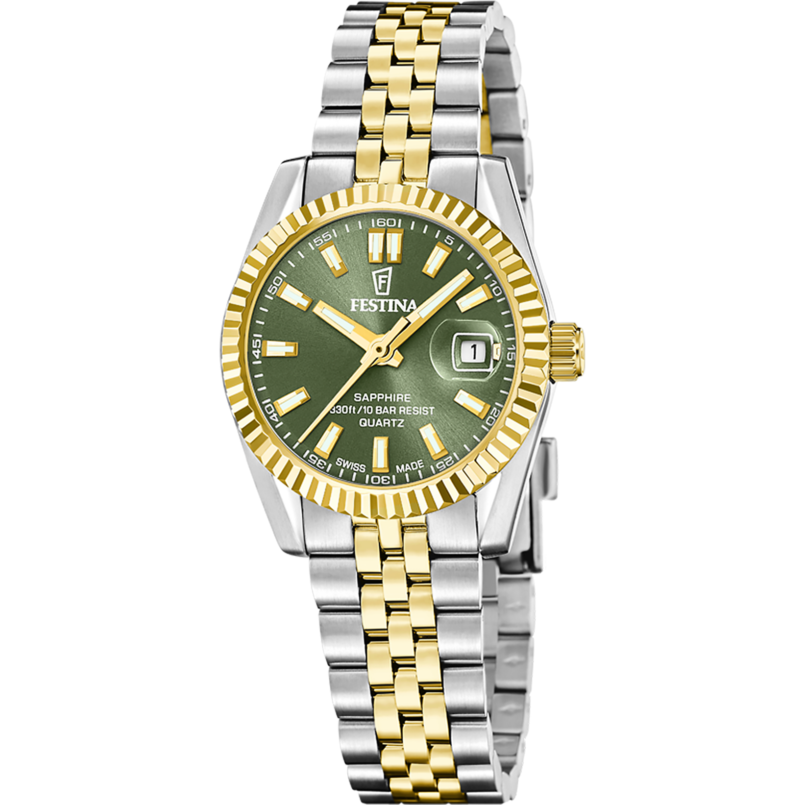 Festina Swiss Made Classic Steel F20088/4 Damenuhr Bicolor/Moosgrün • Saphirglas • Swiss Made