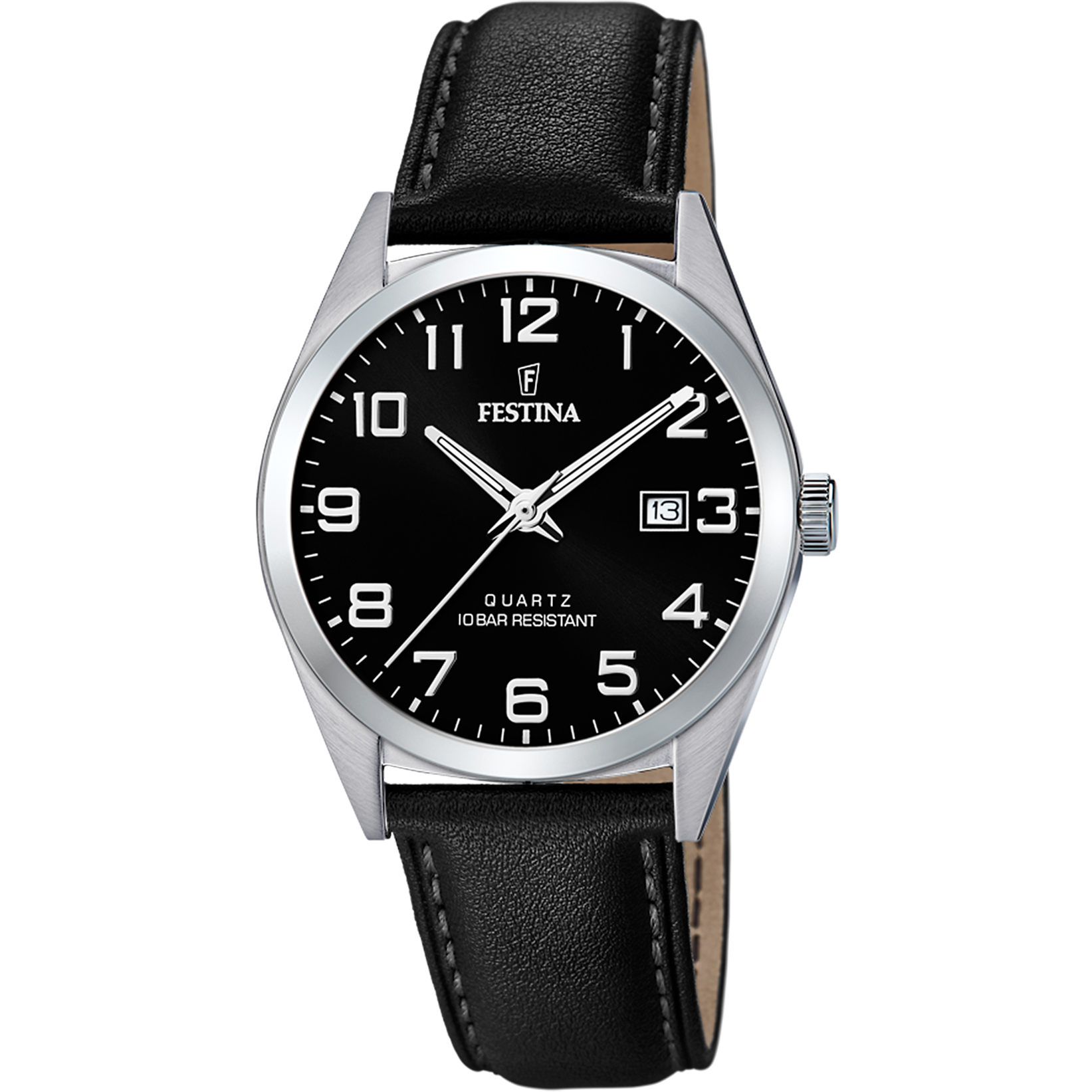 Festina Classics F20446/3 Herrenuhr Schwarz • Schwarzes Lederarmband • 10 ATM Wasserdicht