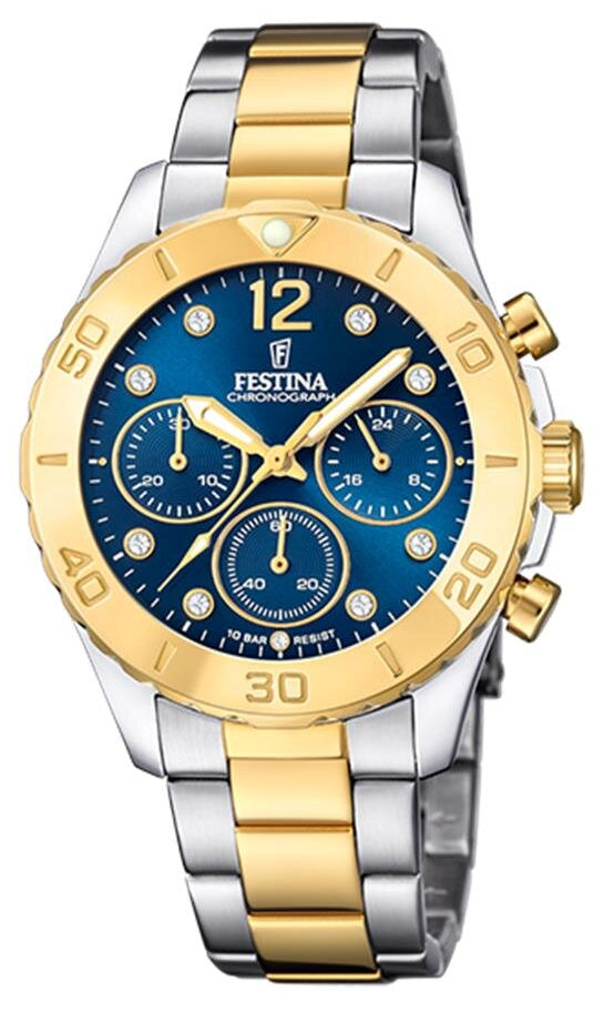 Festina damklocka med blå urtavla, tvåfärgat armband i rostfritt stål och kronograf