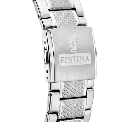 Festina Herrenchronograph Modell: 20668_6 mit schwarzem Zifferblatt mit Strichindex und blauen Akzenten