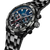Herren-Chronographenuhr Nahansicht mit blauem Zifferblatt und schwarzem Metallarmband