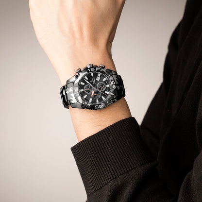 Festina Herrenchronograph Modell: 20710_1 mit schwarzem Gehäuse, Armband und Zifferblatt mit Strichindex und orangenen Akzenten