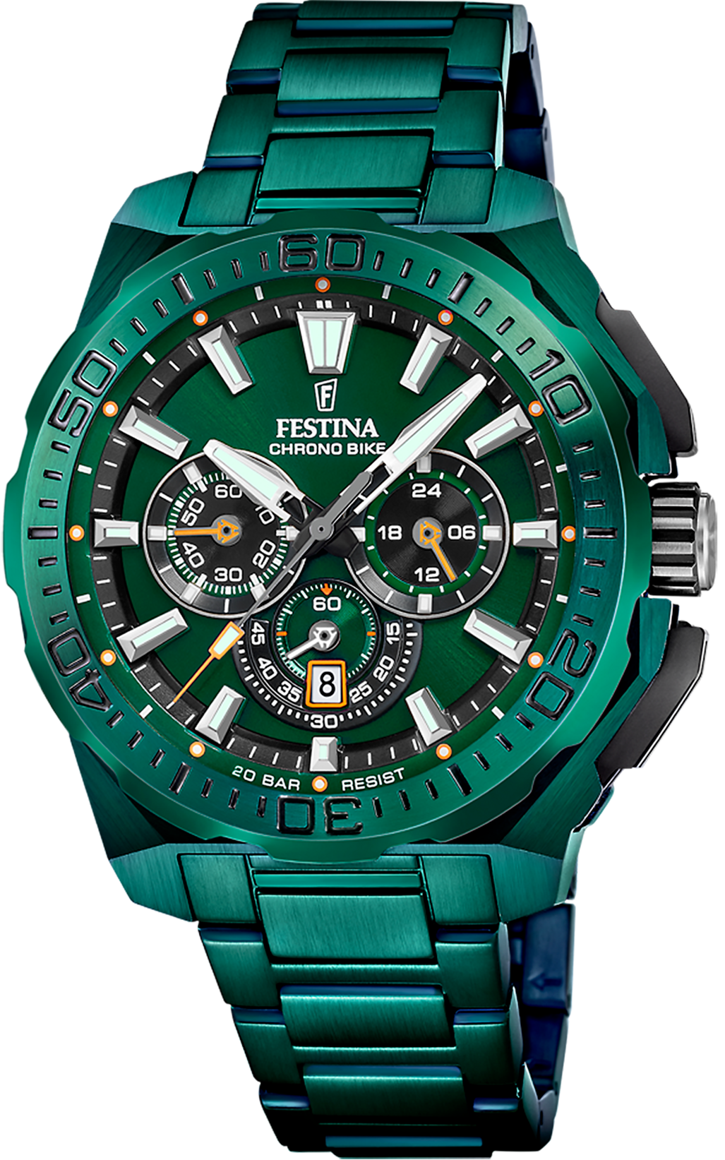 Festina Chrono Bike Herrenuhr mit grünem Zifferblatt, Chronographenanzeigen und Metallarmband