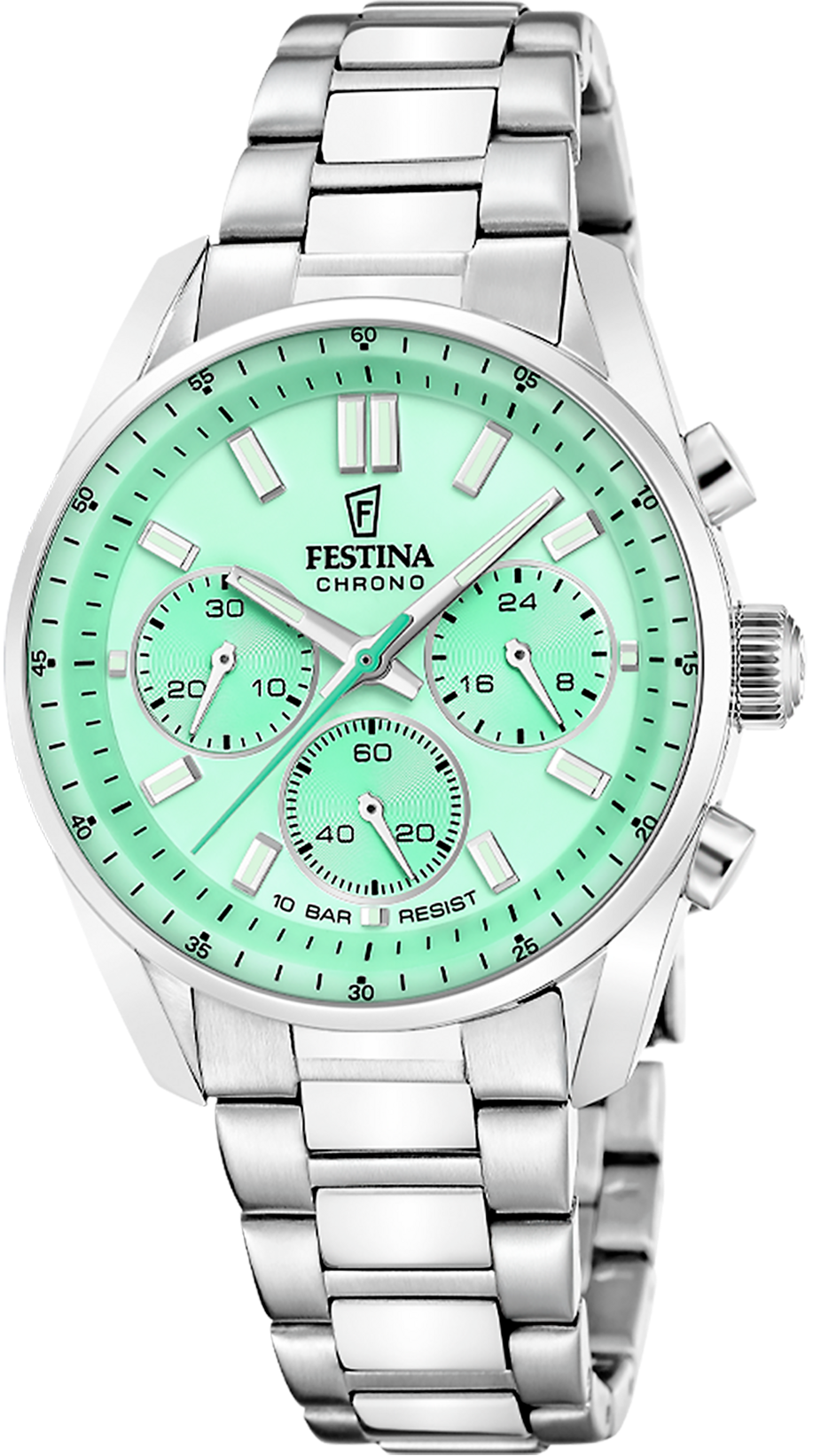 Damenuhr Festina mit Edelstahlband und grünem Zifferblatt, Chronographen-Optik