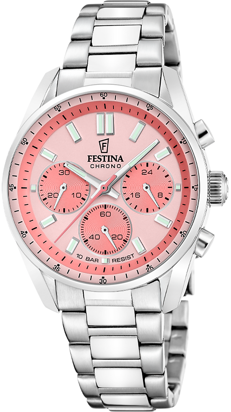 Edelstahl-Chronograph mit rosafarbenem Zifferblatt und drei Hilfsziffern, Metallband