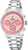 Edelstahl-Chronograph mit rosafarbenem Zifferblatt und drei Hilfsziffern, Metallband