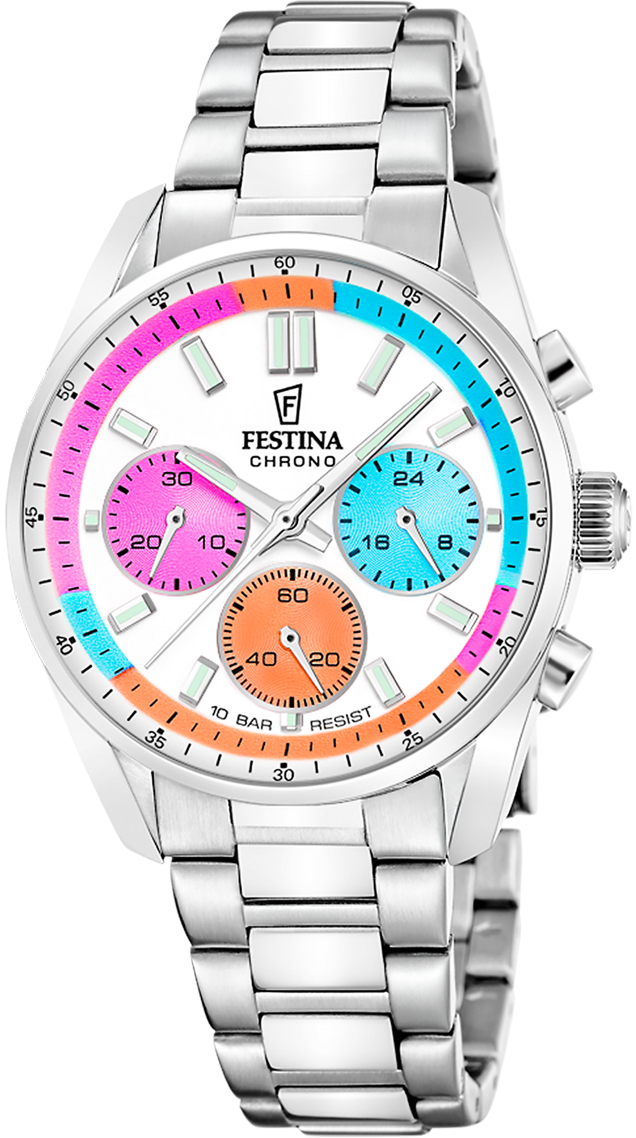 Unisexuhr aus Edelstahl mit mehrfarbigem Chrono-Zifferblatt und Armband