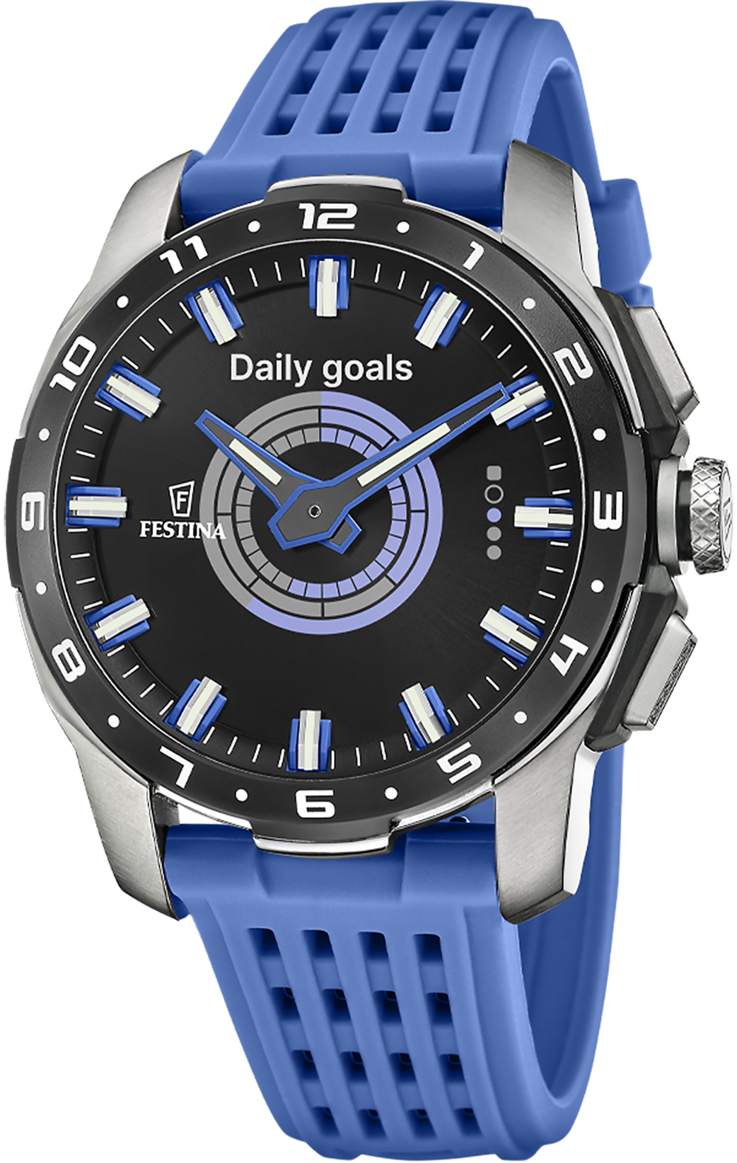 Herrenuhr mit blauem Silikonarmband, schwarzem Zifferblatt und Metalllünette.