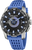 Herrenuhr mit blauem Silikonarmband, schwarzem Zifferblatt und Metalllünette.
