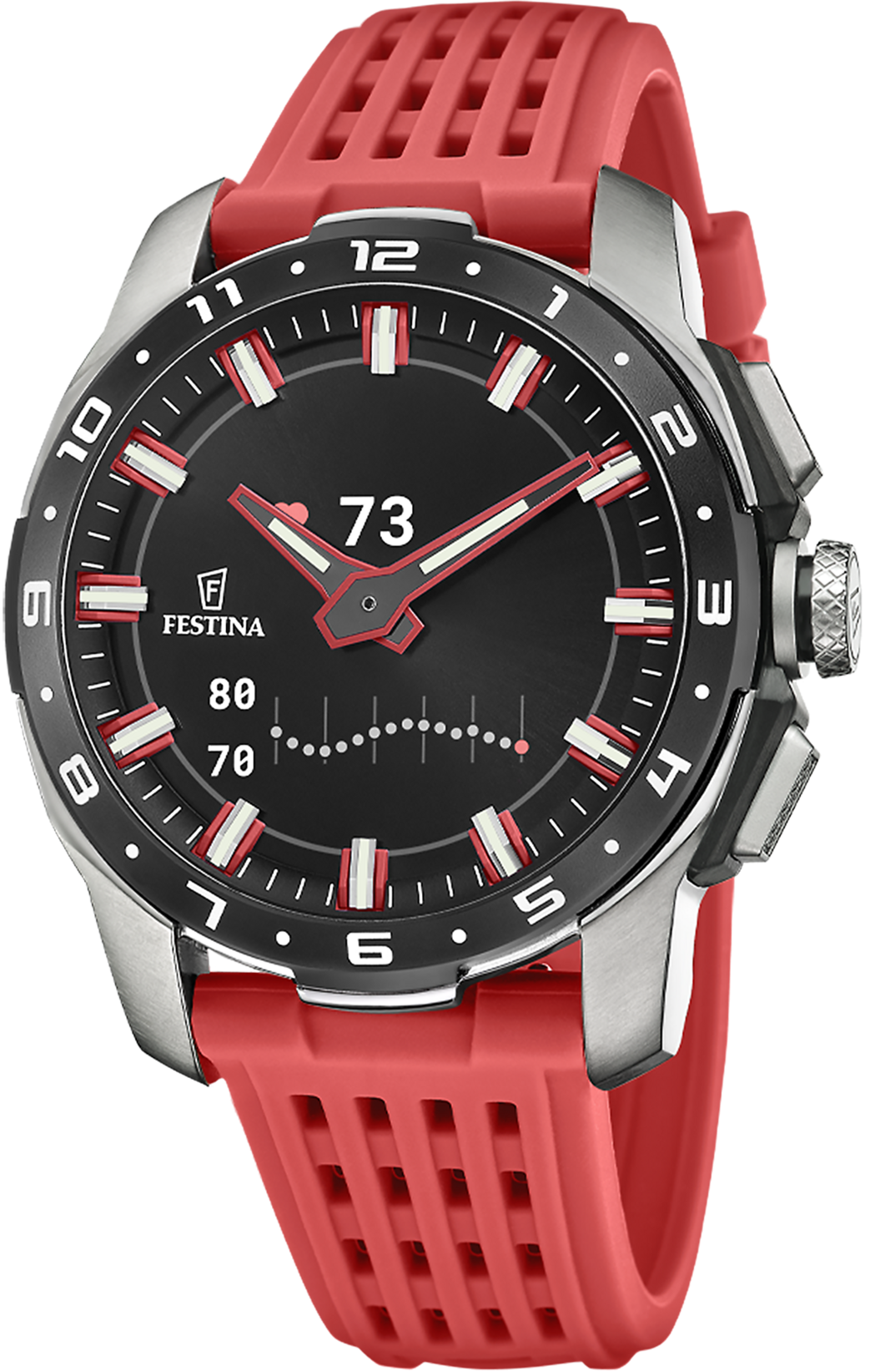 Herren-Smartwatch mit schwarzem Zifferblatt, rotem Silikonarmband und Metallgehäuse