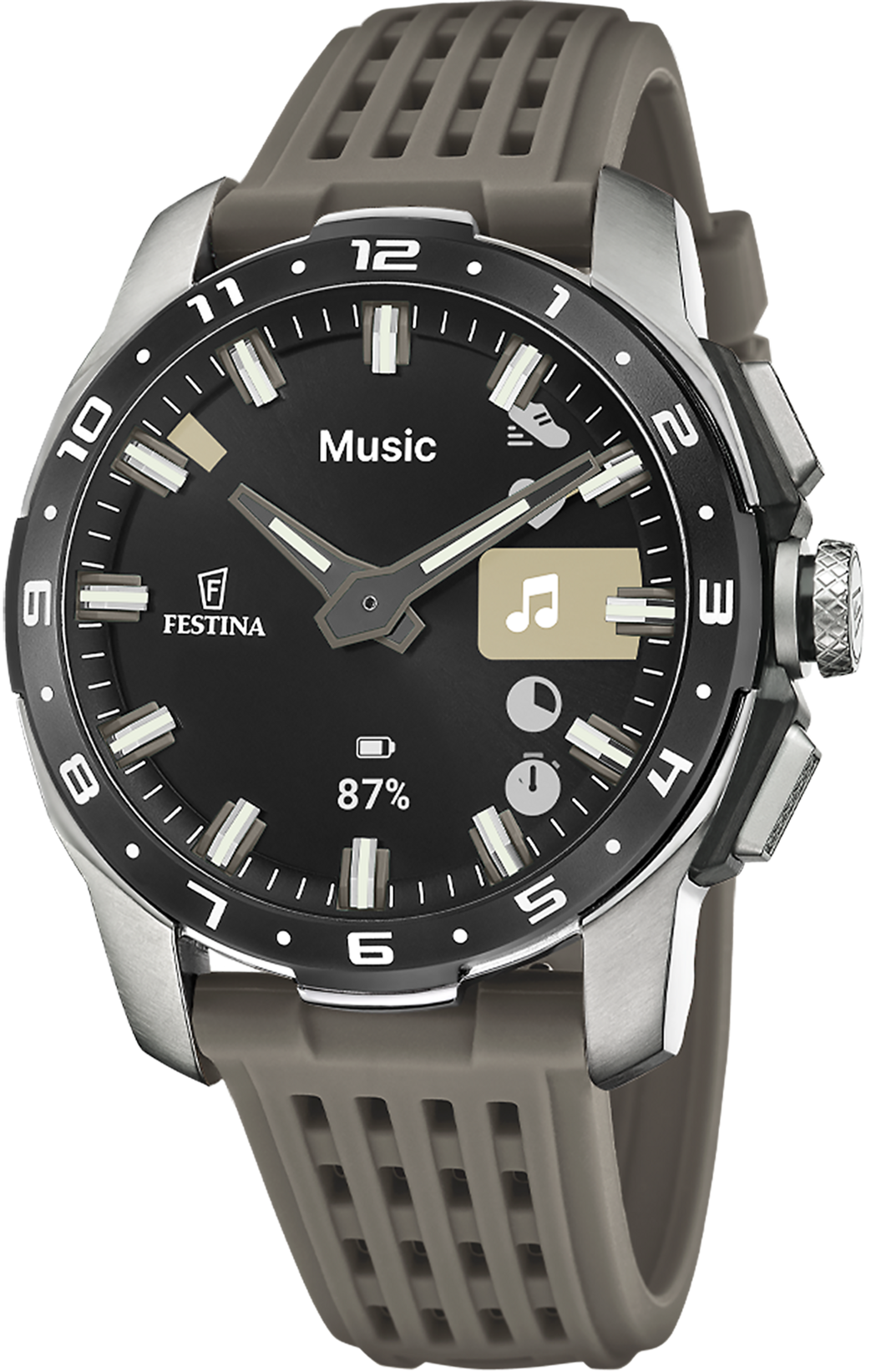 Festina Connected Herrenuhr mit schwarzem Zifferblatt, silbernen Zeigern und grauem Kautschukarmband