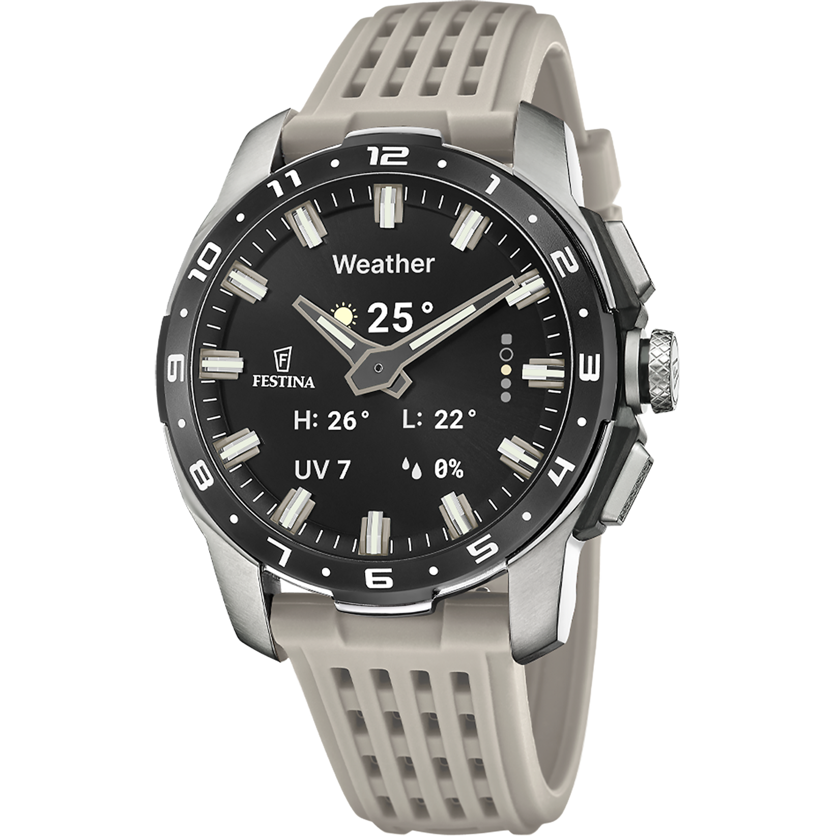 Connected-Herrenuhr: schwarzes Zifferblatt, silbernes Gehäuse, graues Silikonarmband