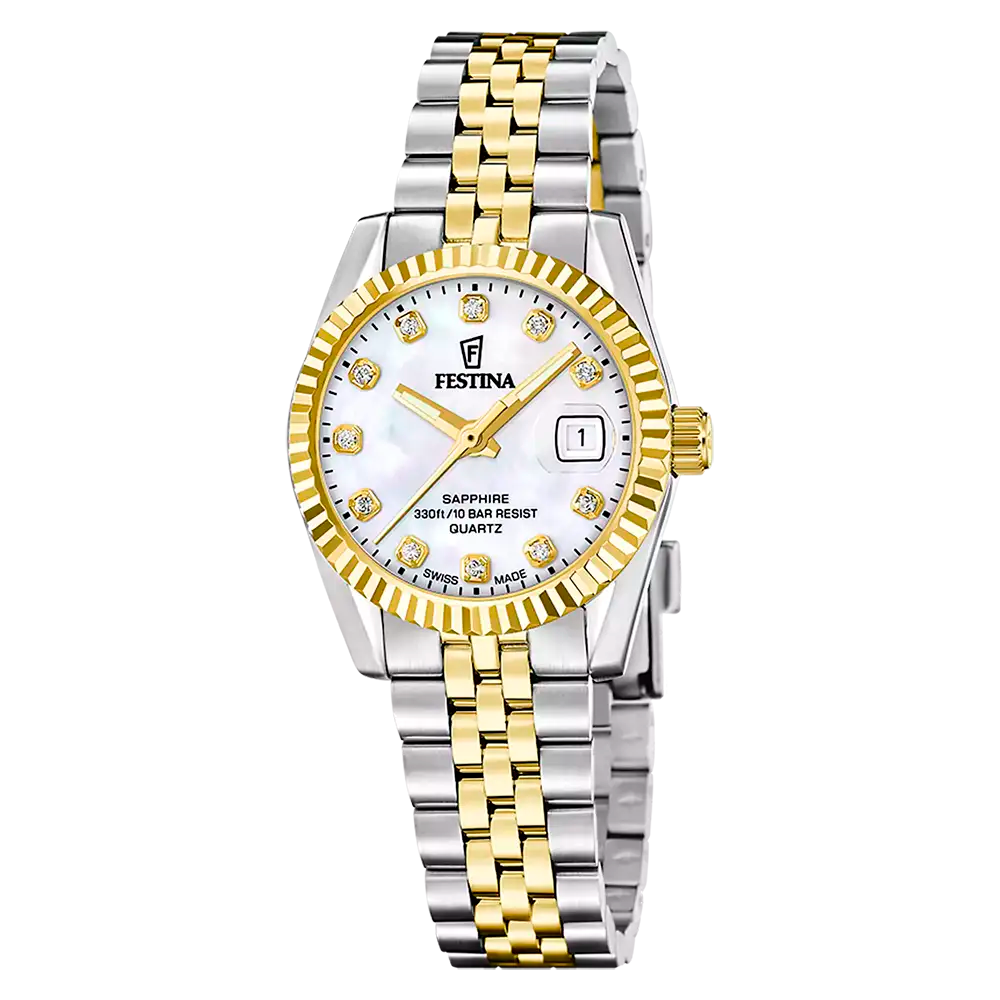 Zweifarbige Festina Damenarmbanduhr mit weißem Zifferblatt und Metallarmband, Saphirglas