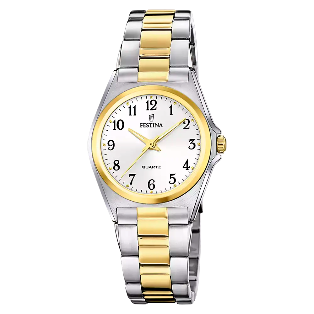 Silber-goldene Damenarmbanduhr mit rundem Zifferblatt und zweifarbigem Edelstahlarmband