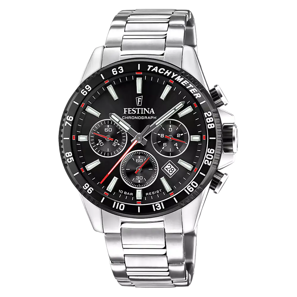 Festina Chronograph Herrenuhr mit schwarzem Zifferblatt, Metallarmband und Datumsanzeige