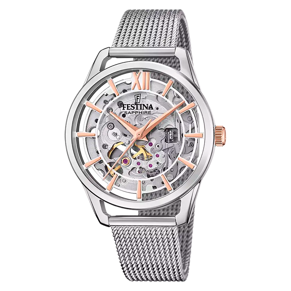 Festina Damenarmbanduhr: silbernes Meshband, rundes Gehäuse, skelettiertes Zifferblatt