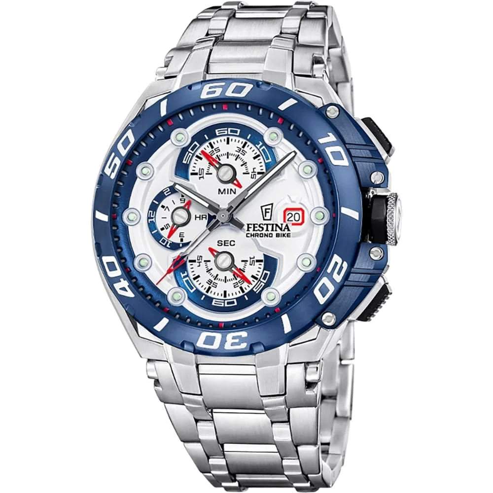 Festina Herrenchronograph mit blauem Ziffernblatt und Edelstahlarmband