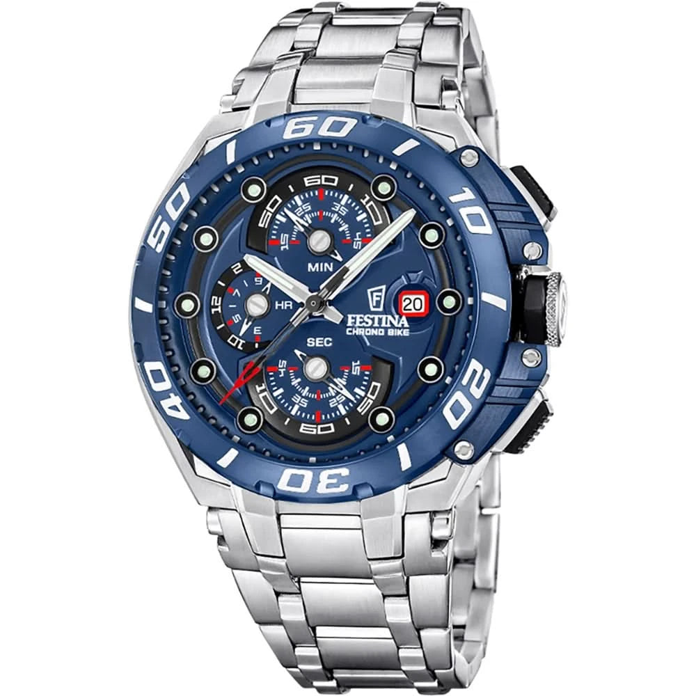 Herren-Chronograph Festina Bike Uhr mit blauem Zifferblatt und silbernem Metallarmband