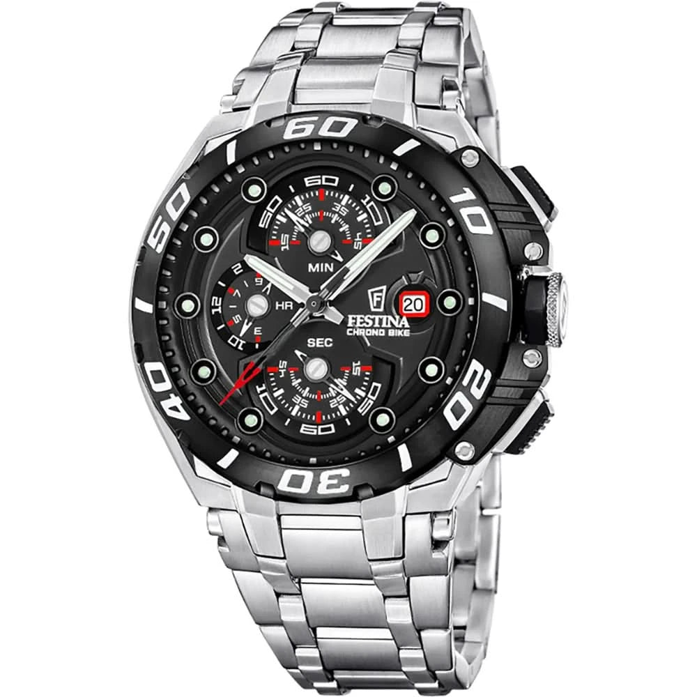 Festina Chrono Bike Herrenuhr mit schwarzem Zifferblatt und silbernem Metallband