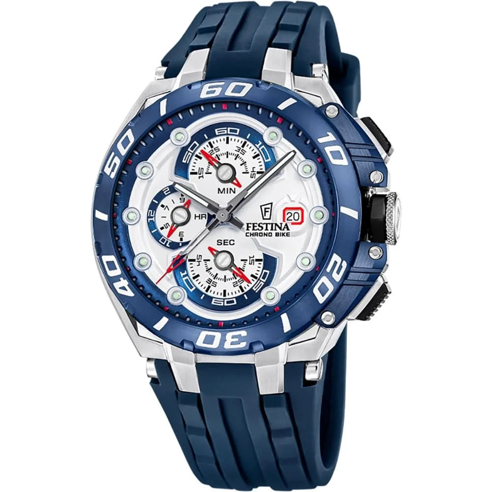 Herrenuhr mit blauem Zifferblatt und blauem Silikonarmband, Chronograph