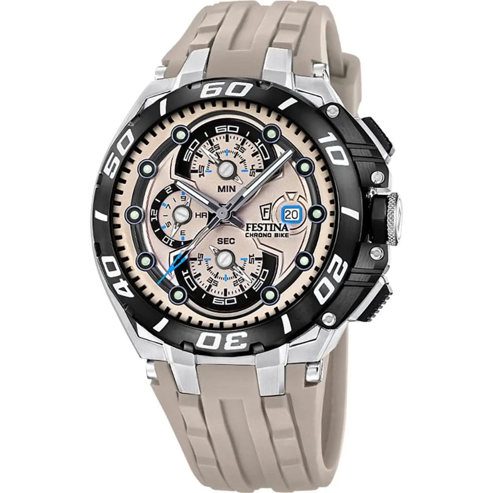 Herren-Chronograph Festina mit schwarzem Zifferblatt, Tauch-/Sportlünette und beigem Silikonband