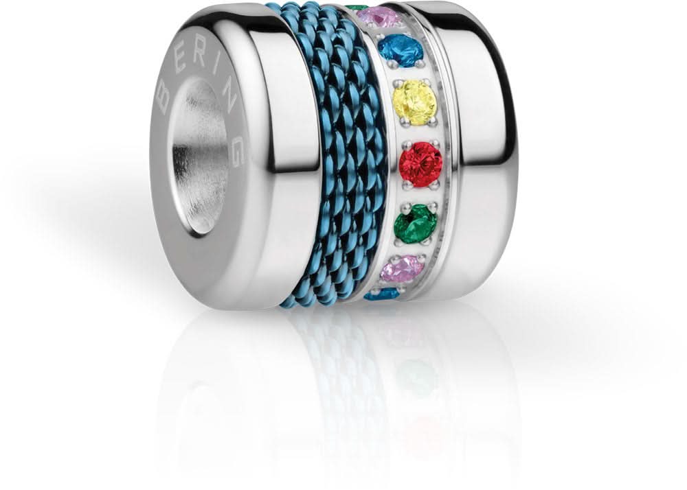 Bering Jewelry Edelstahl-Charm mit blauem Geflecht und bunten Ziersteinen im Kreisring