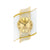 Wanduhr mit rundem, goldfarbenem Zifferblatt und goldenen Metallrahmen am Holzgehäuse