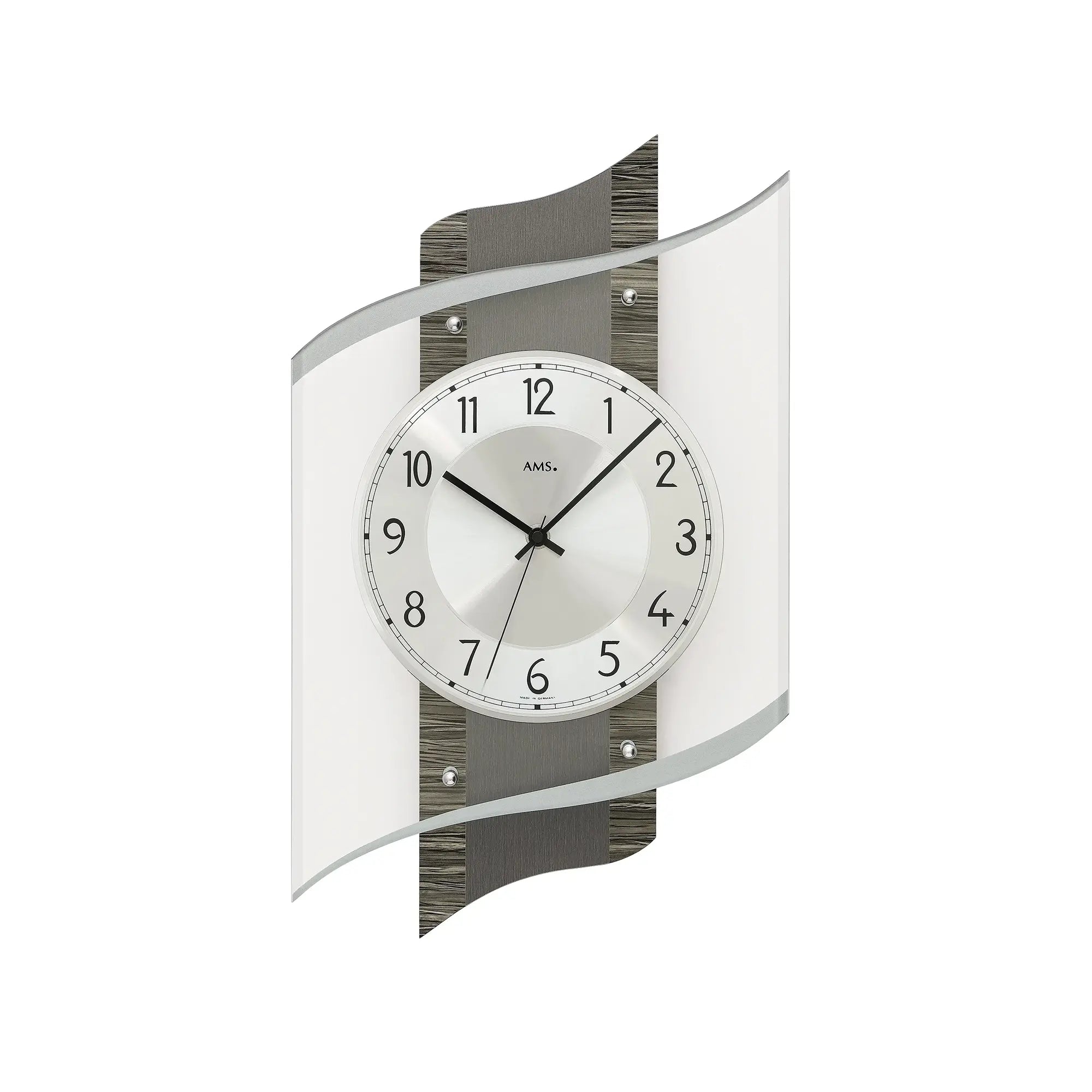 Wanduhr mit rundem Ziffernblatt, schwarzen Zeigern, Mineralglas und dunklem Holzdekor/Alu