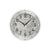 Runde Wanduhr mit grauem Zifferblatt, schwarzen Zahlen und silberfarbener Umrandung.