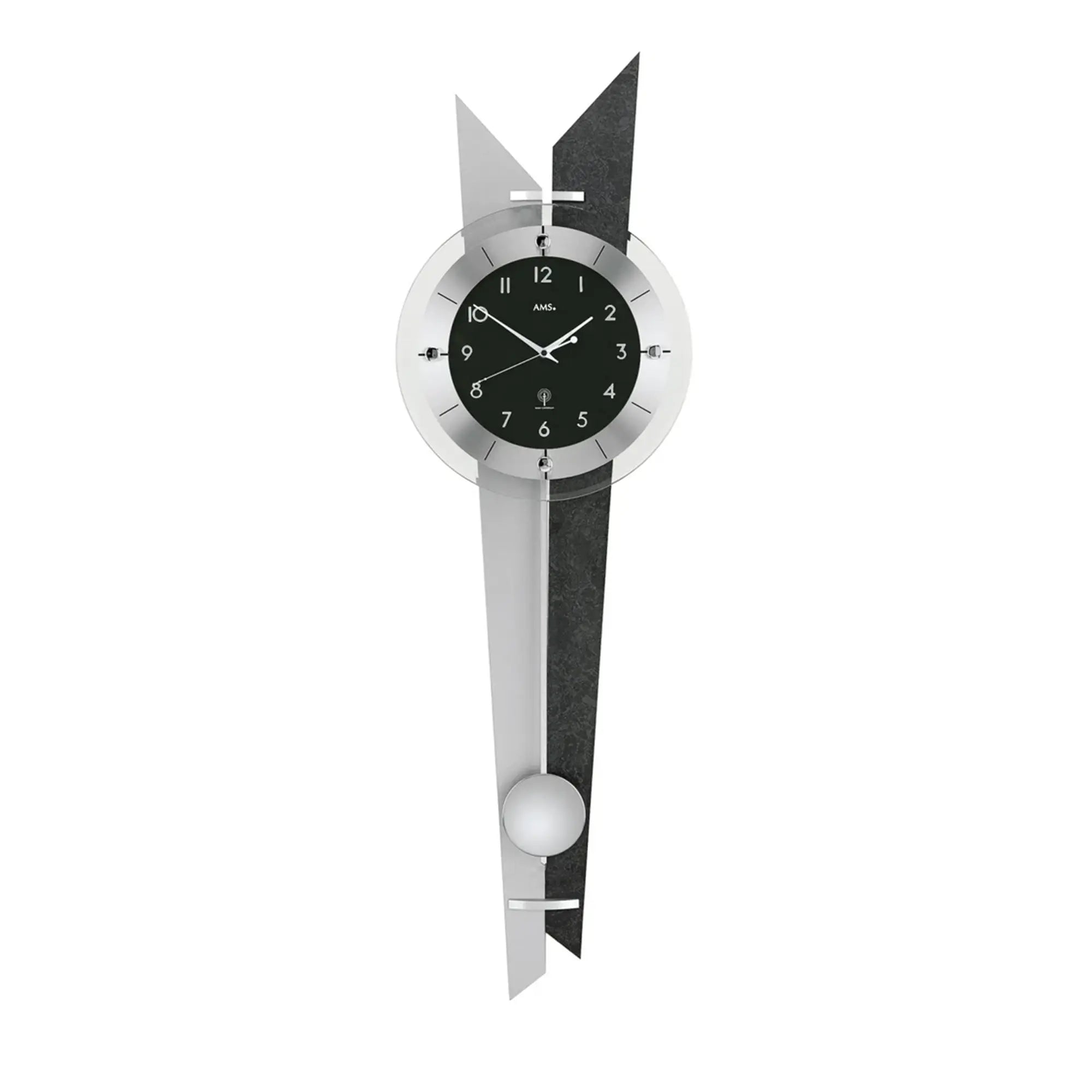 Wanduhr mit rundem Zifferblatt, schieferfarbenem Element und Pendel unten