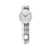 Wanduhr mit rundem Ziffernblatt und langem Pendelarm, auf grauem Steinpaneel