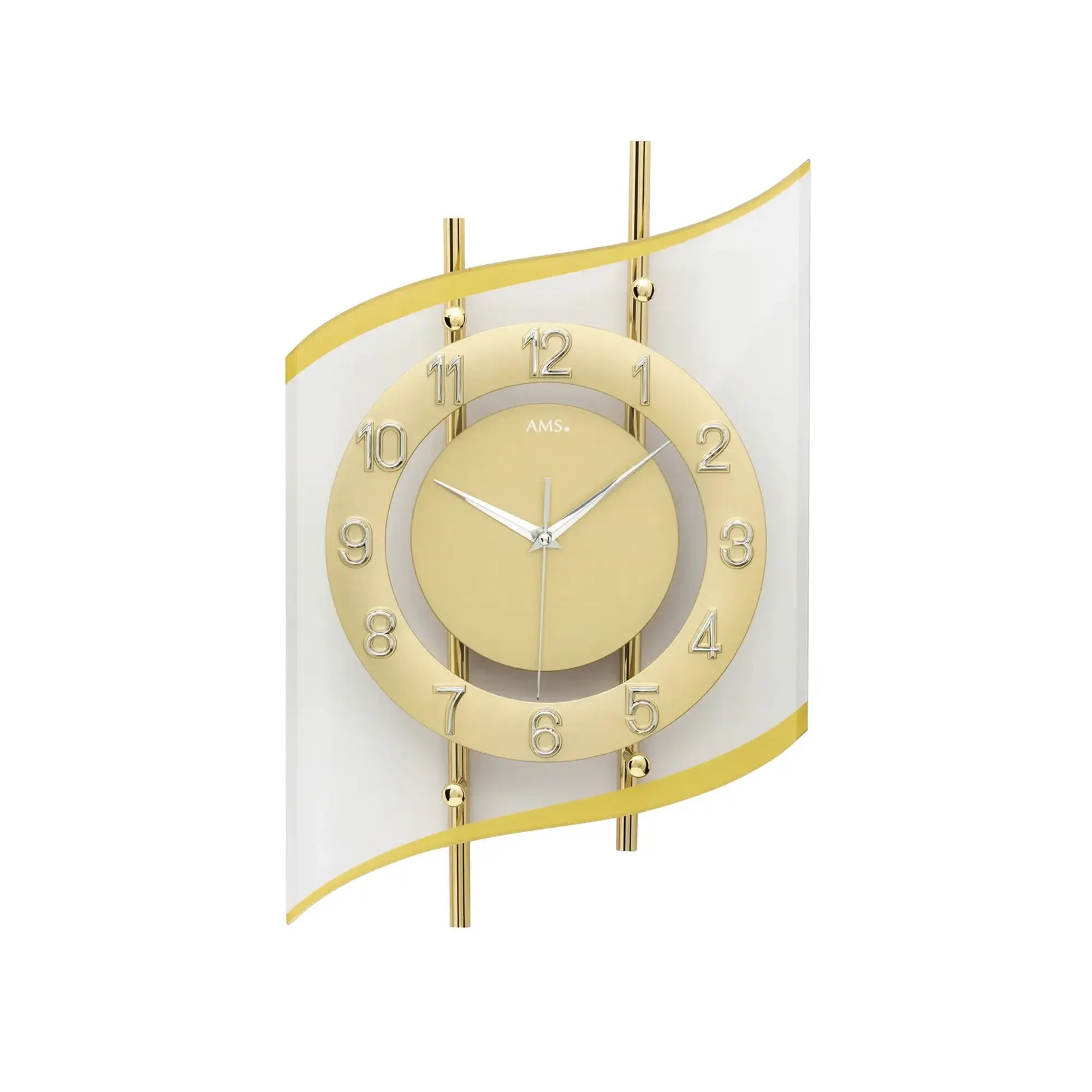 Goldfarbene Wanduhr mit Mineralglas, Zahlenring und Quarzuhrwerk, runder gelber Ziffernblatt