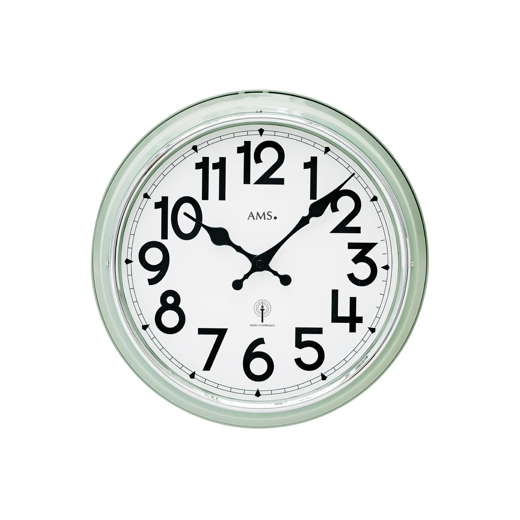 Wanduhr rund mit mintfarbenem Rahmen, Mineralglas, schwarzem Ziffernblatt und AMS