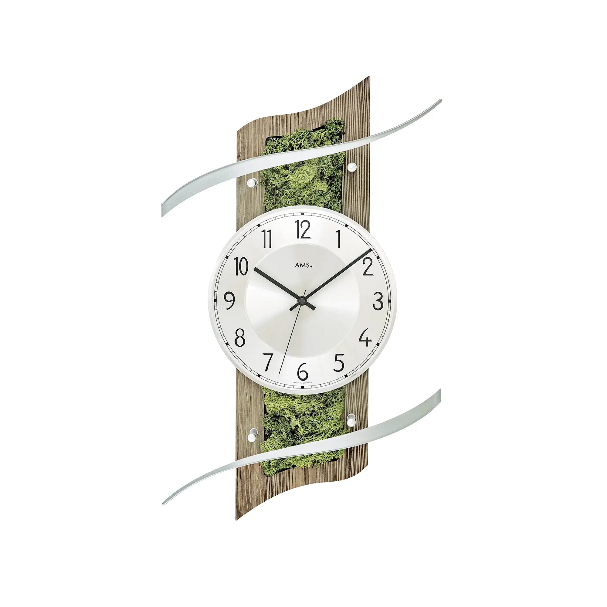 Wanduhr mit Mineralglas und Naturmoos-Einlage, rundes Zifferblatt auf Holzplatte