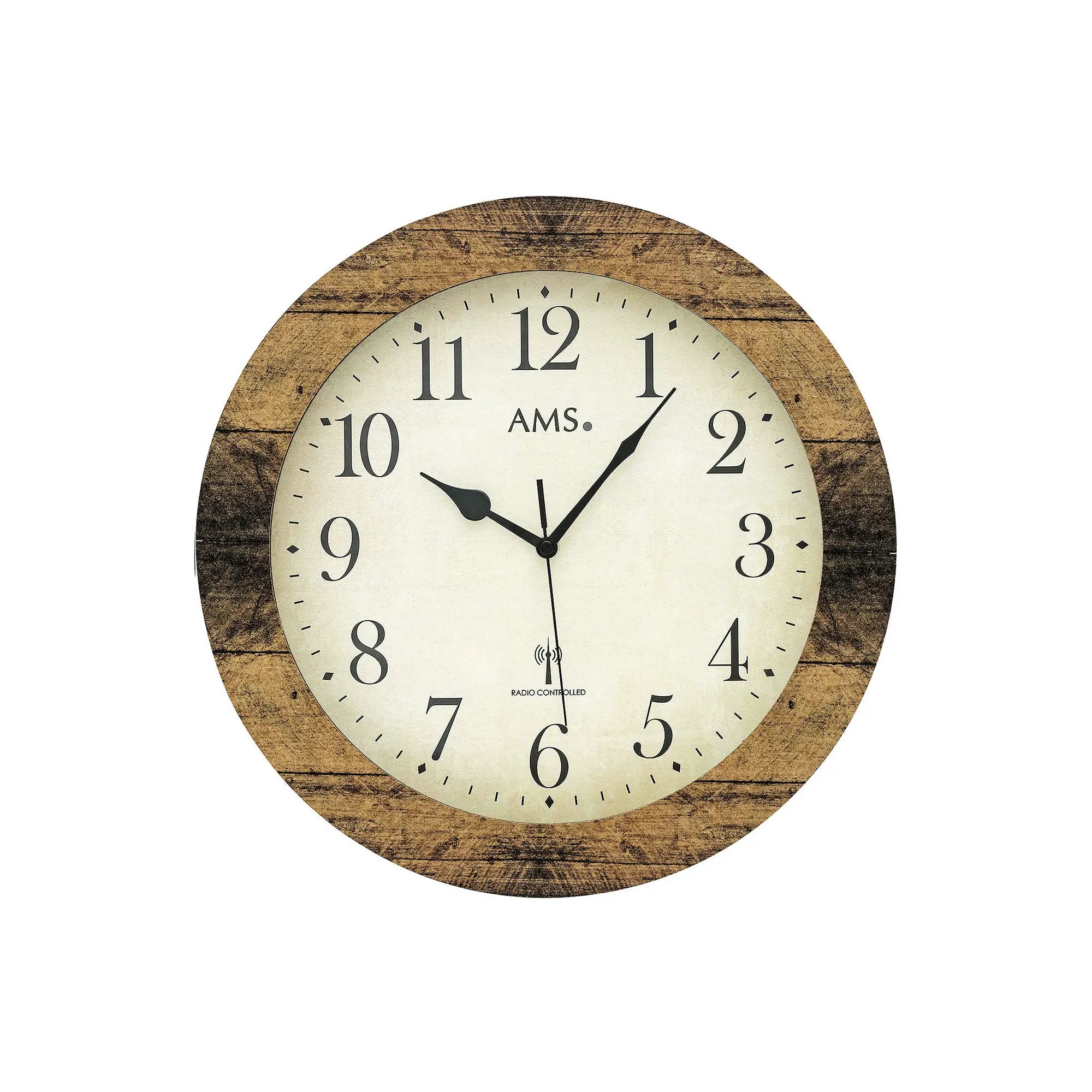 Wanduhr mit rundem Holzrahmen (Nussbaum) und weißem Zifferblatt, gut lesbare Zahlen