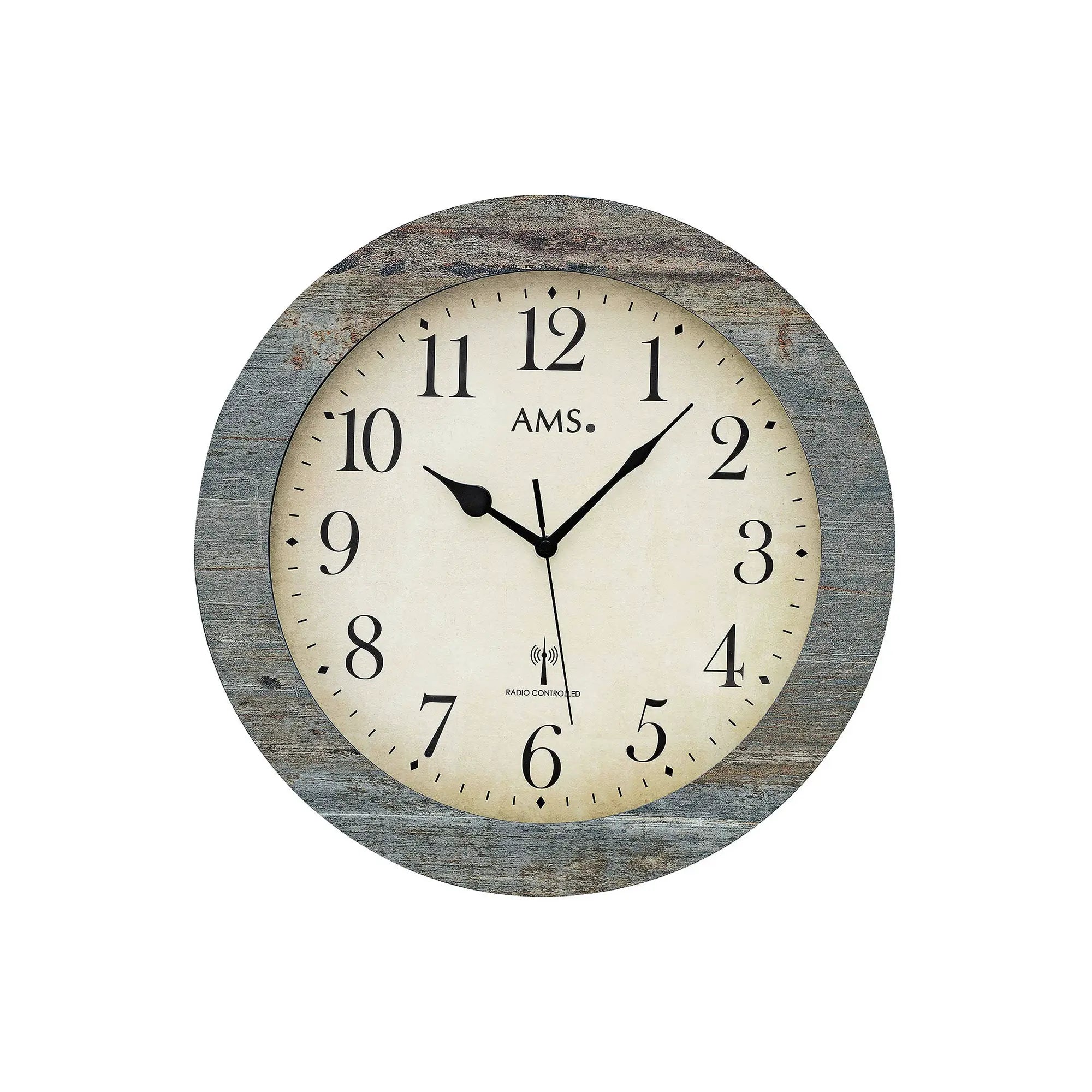 Funk-Wanduhr rundes blau-graues Gehäuse, weißes Zifferblatt mit AMS und schwarzen Zeigern
